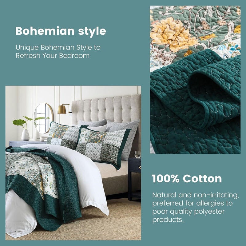 Secgo King Size Comforter Set- 100% Cotton Quilt King Size Set, Green, Emerald, bedspreads (98 * 106 Inch) with 2 Pillow Shams, Patchwork Reversible Lightweight Bedding - Image 4